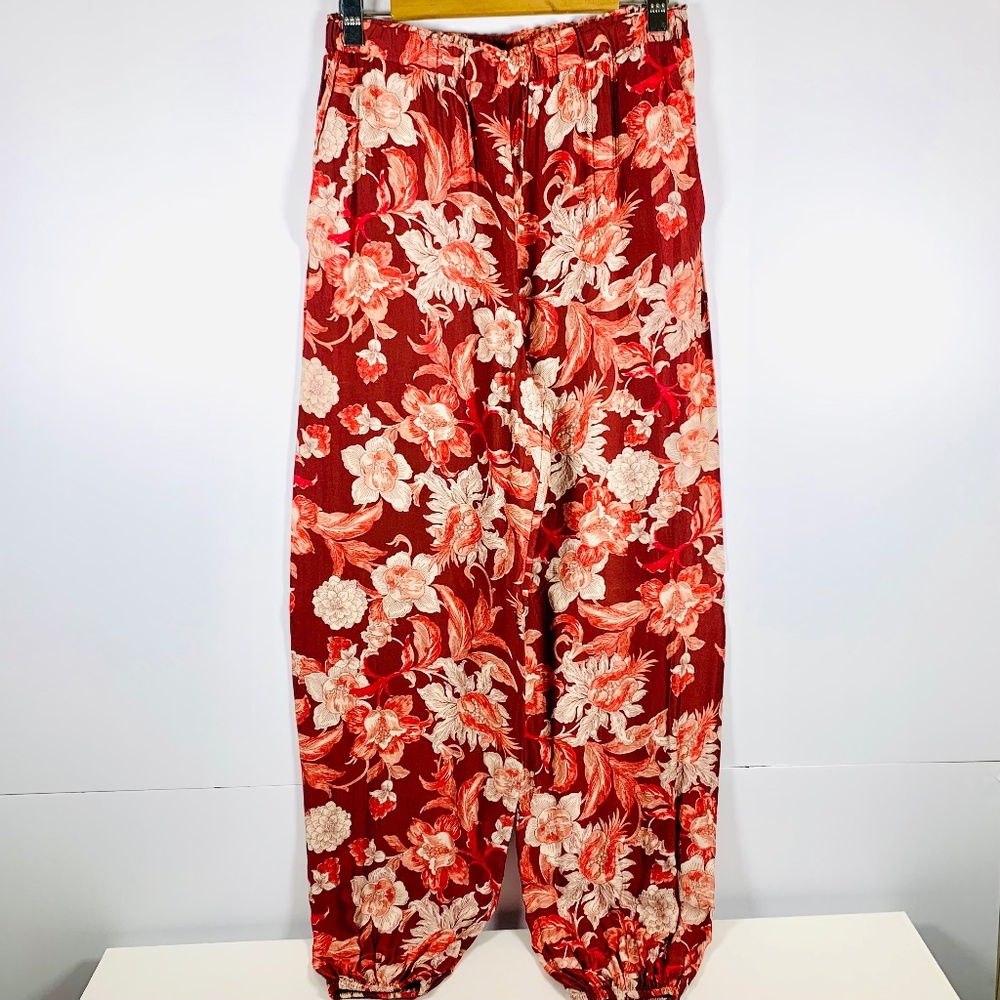 ZARA boho burgundy pink spring floral flowy silky jogger pant elastic waist